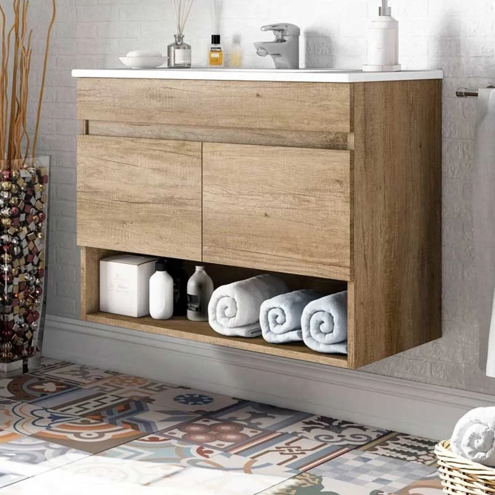 Garnero Arredamenti Mobile Bagno Sospeso-Mobile bagno sospeso 80cm con lavabo e specchio rovere nordik Dexter