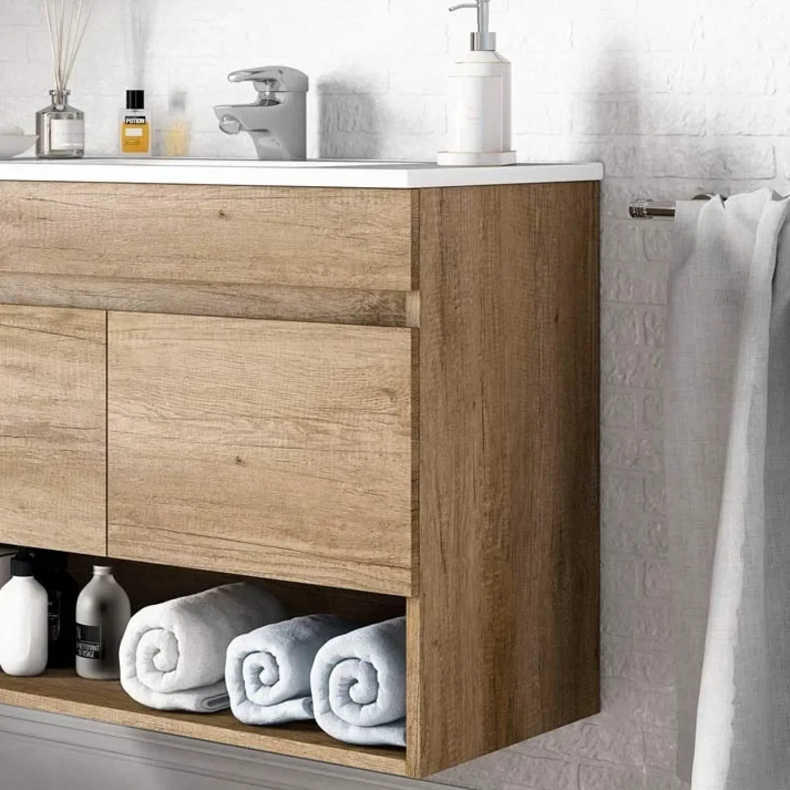Garnero Arredamenti Mobile Bagno Sospeso-Mobile bagno sospeso 80cm con lavabo e specchio rovere nordik Dexter