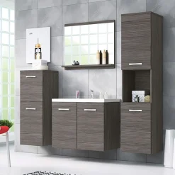 Garnero Arredamenti Mobile Bagno Sospeso-Mobile bagno sospeso 60cm con lavabo, specchio e 2 colonne Saturnia Rovere Grigio