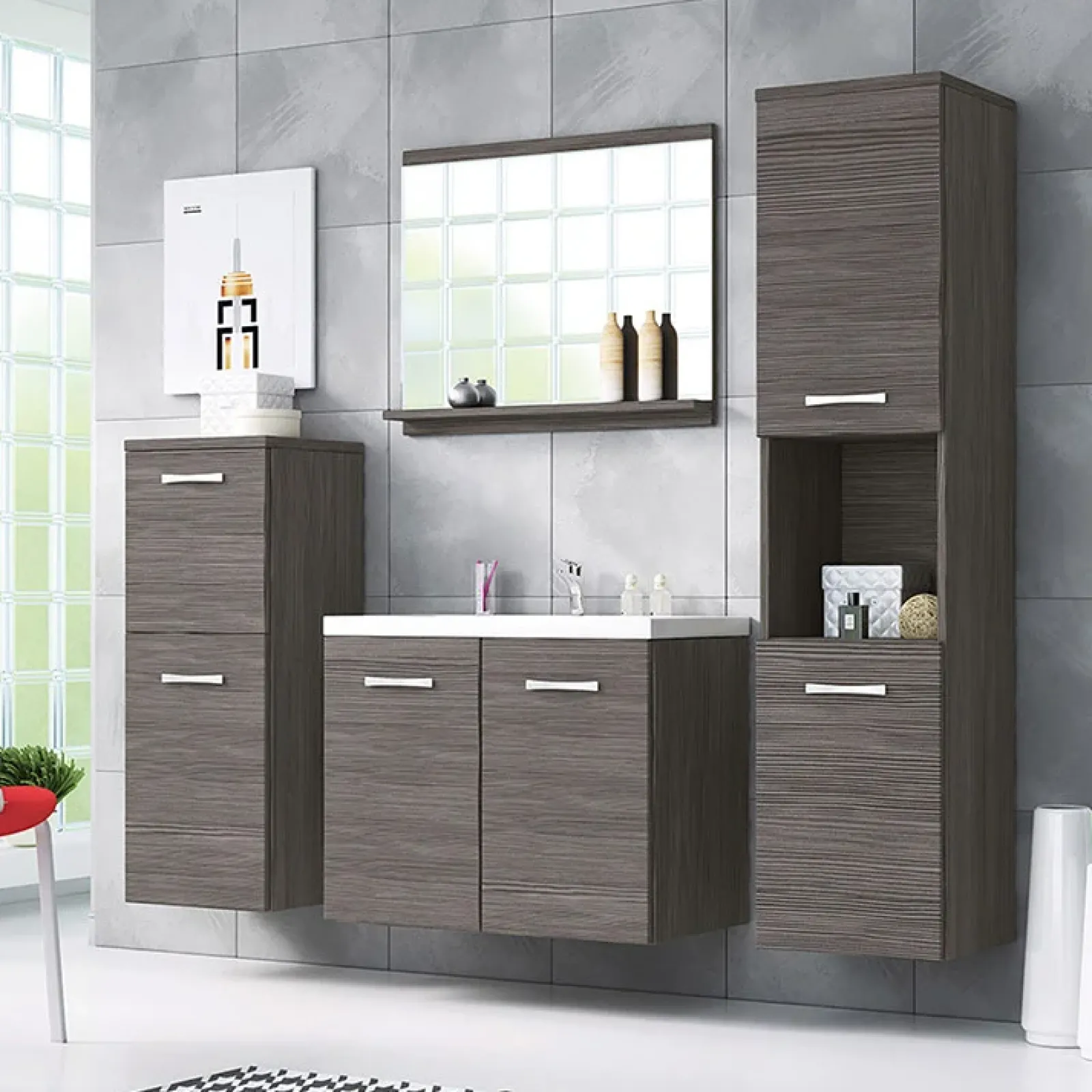 Garnero Arredamenti Mobile Bagno Sospeso-Mobile bagno sospeso 60cm con lavabo, specchio e 2 colonne Saturnia Rovere Grigio