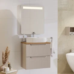 Garnero Arredamenti Mobile Bagno Sospeso-Mobile bagno sospeso 60cm cannettato 2 cassetti rovere Cleany Beige