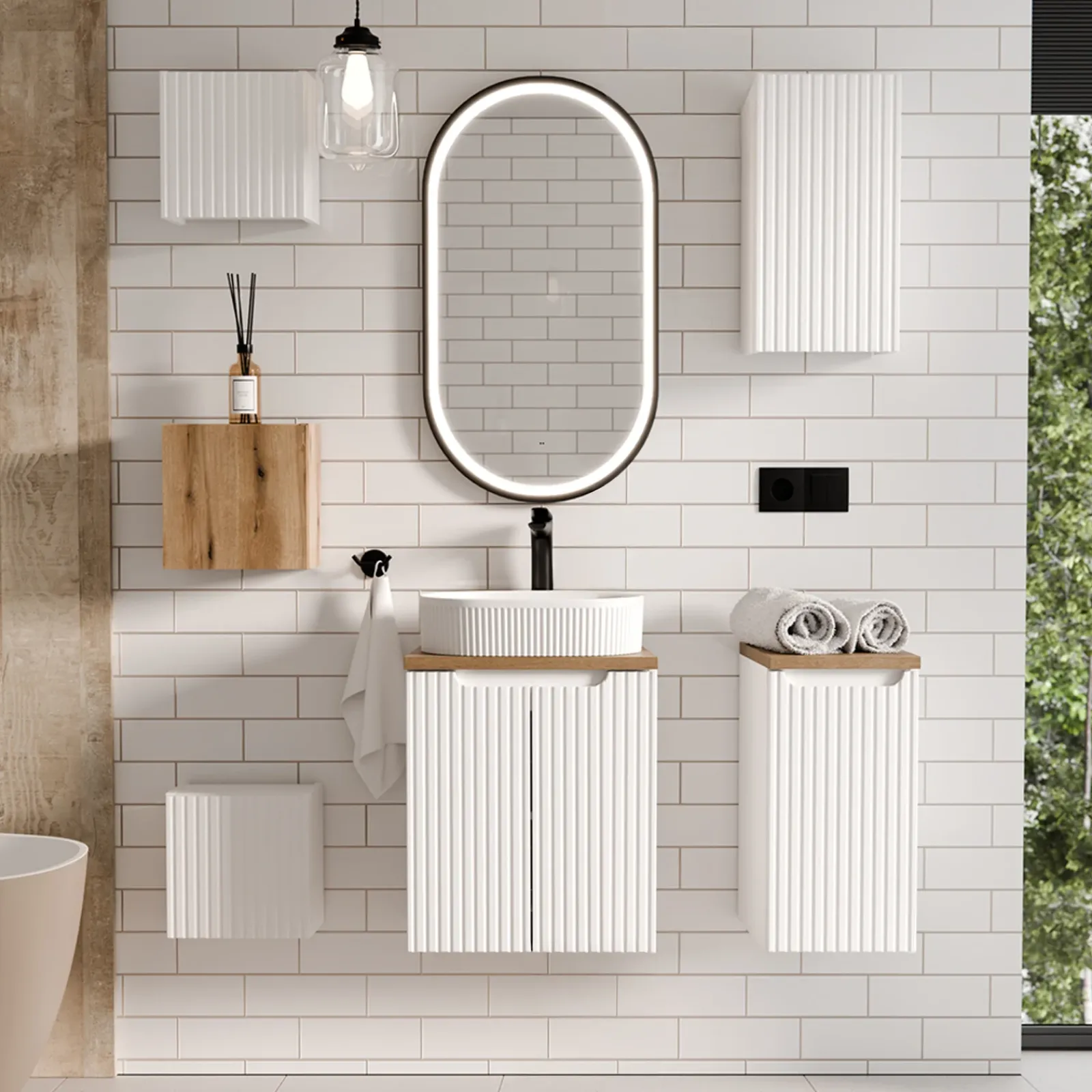 Garnero Arredamenti Mobile Bagno Sospeso-Mobile bagno sospeso 50cm cannettato 2 ante bianco rovere Cleany Bianco Opaco