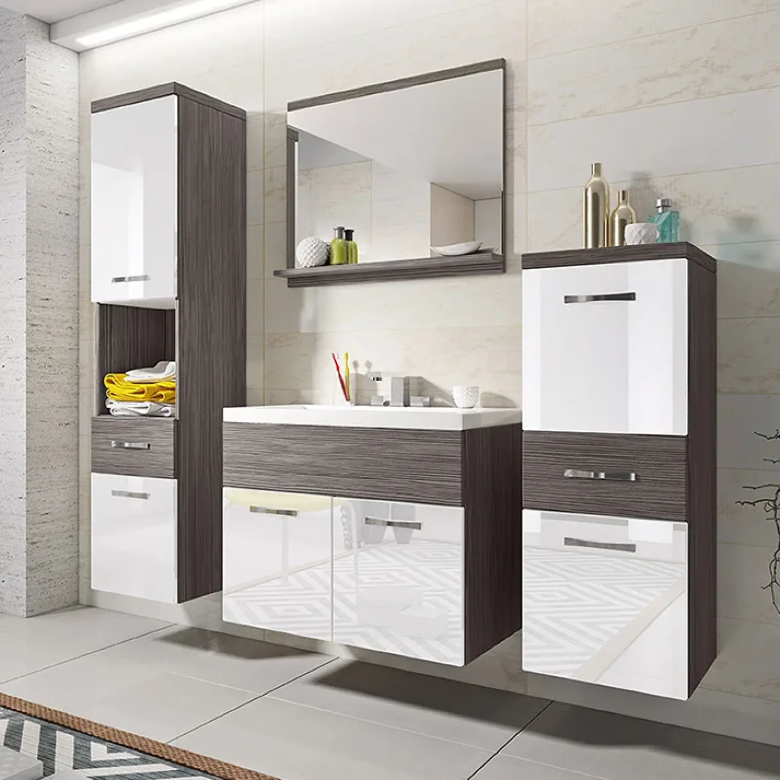 Garnero Arredamenti Mobile Bagno Sospeso-Mobile bagno sospeso 60cm con lavabo, specchio e colonne bianco lucido grigio scuro Loretta Bianco Lucido - Grigio