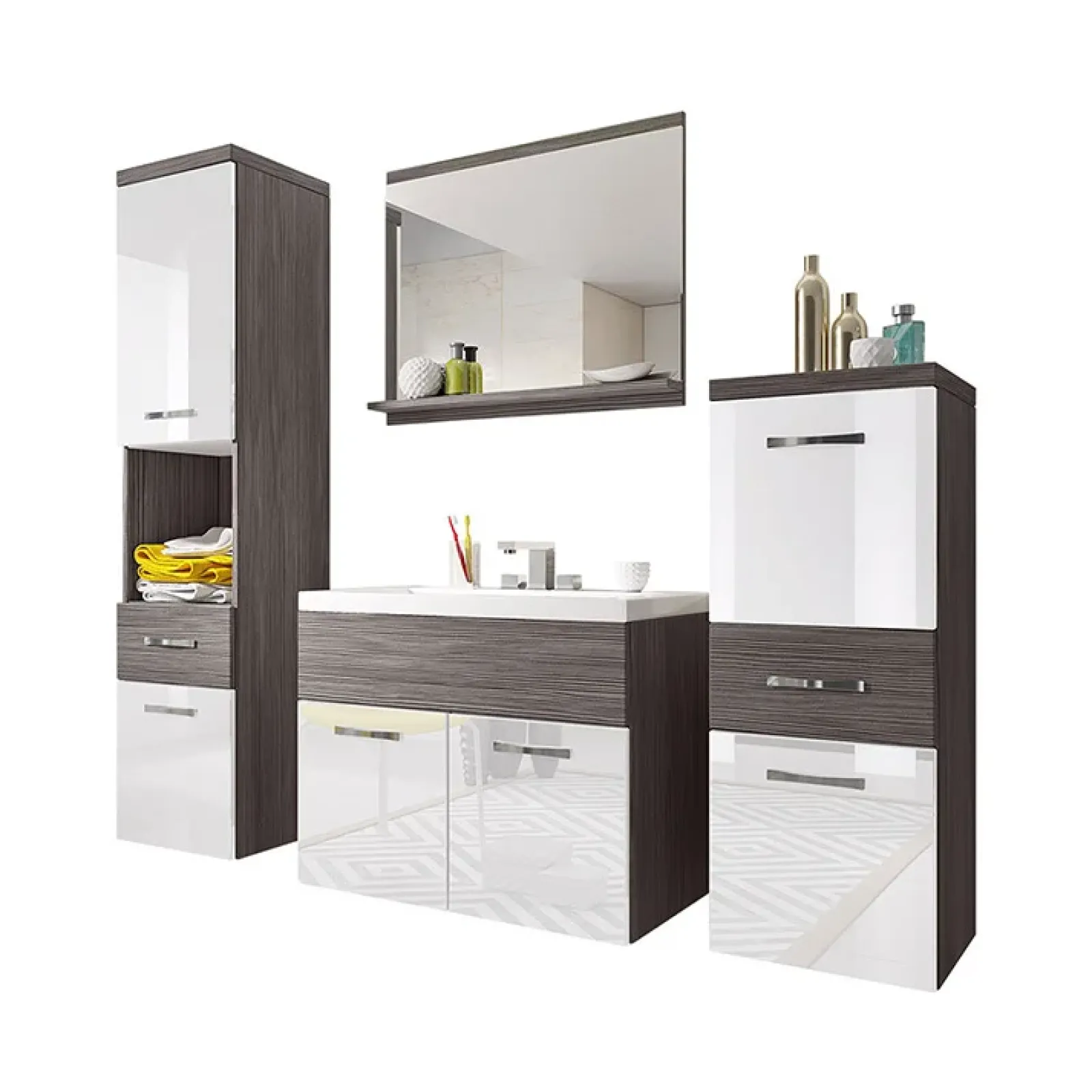 Garnero Arredamenti Mobile Bagno Sospeso-Mobile bagno sospeso 60cm con lavabo, specchio e colonne bianco lucido grigio scuro Loretta Bianco Lucido - Grigio