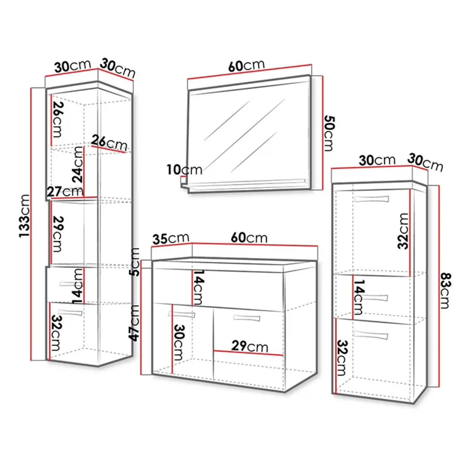Garnero Arredamenti Mobile Bagno Sospeso-Mobile bagno sospeso 60cm con lavabo, specchio e colonne bianco lucido grigio scuro Loretta Bianco Lucido - Grigio