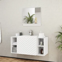 Garnero Arredamenti Mobile Bagno Sospeso-Mobile bagno sospeso 106cm con lavabo e specchio serigrafato bianco Baden 9 Bianco Lucido