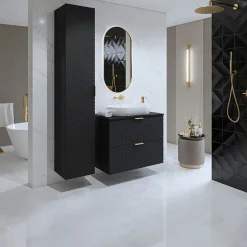 Garnero Arredamenti Mobile Bagno Sospeso-Mobile bagno sospeso 80cm con colonna nero frontali decorati Konny Nero Lucido - Nero opaco