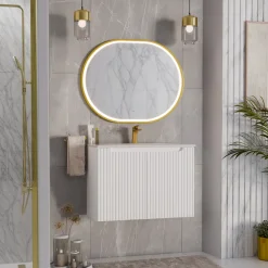 Garnero Arredamenti Mobile Bagno Sospeso-Mobile bagno sospeso 80cm cannettato con lavabo 2 ante bianco Cleany Bianco Opaco