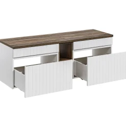 Garnero Arredamenti Mobile Bagno Sospeso-Mobile bagno sospeso 140cm cannettato con 2 lavabi, colonna e specchio bianco quercia Autentic