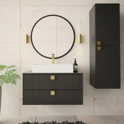Garnero Arredamenti Mobile Bagno Sospeso-Mobile bagno sospeso 80cm con colonna 2 cassetti nero Bursa 2 Nero Lucido - Oro
