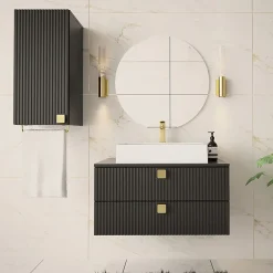 Garnero Arredamenti Mobile Bagno Sospeso-Mobile bagno sospeso 80cm con pensile 2 cassetti nero Bursa 3 Nero Lucido - Oro