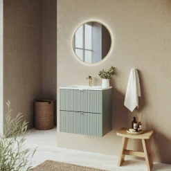 Garnero Arredamenti Mobile Bagno Sospeso-Mobile bagno sospeso 60cm cannettato con lavabo 2 cassetti verde salvia Greeny