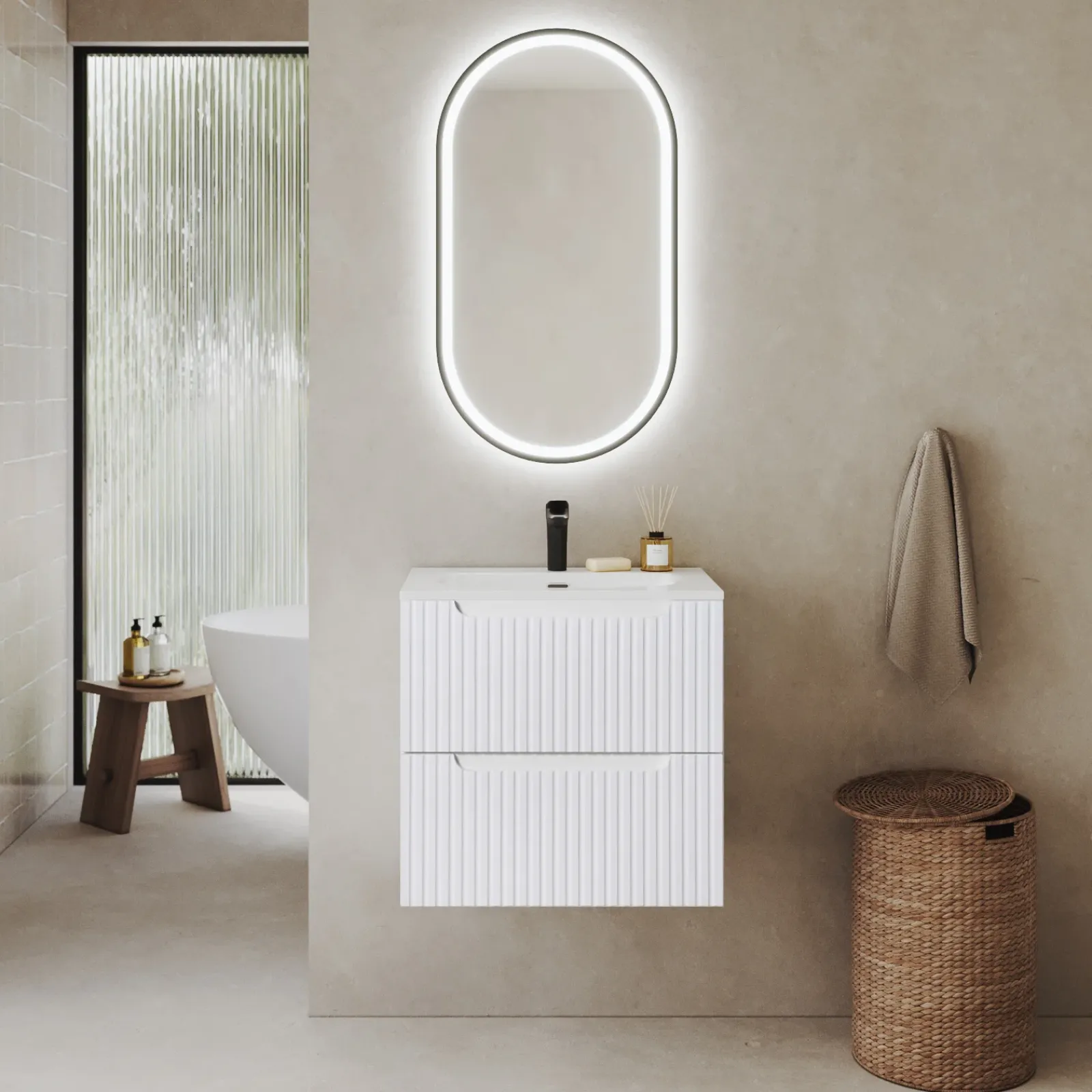 Garnero Arredamenti Mobile Bagno Sospeso-Mobile bagno sospeso 60cm cannettato con lavabo 2 cassetti bianco Cleany Bianco Opaco