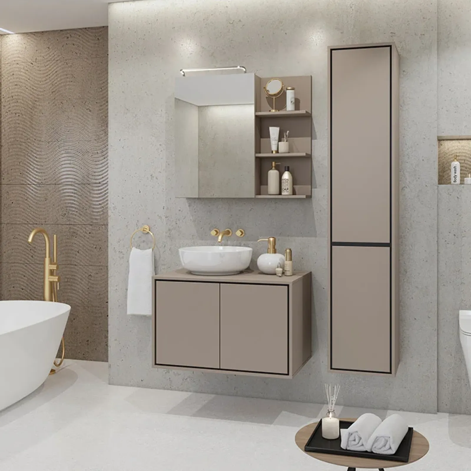 Garnero Arredamenti Mobile Bagno Sospeso-Mobile bagno sospeso 78cm con specchio e colonna nero Linda Tortora