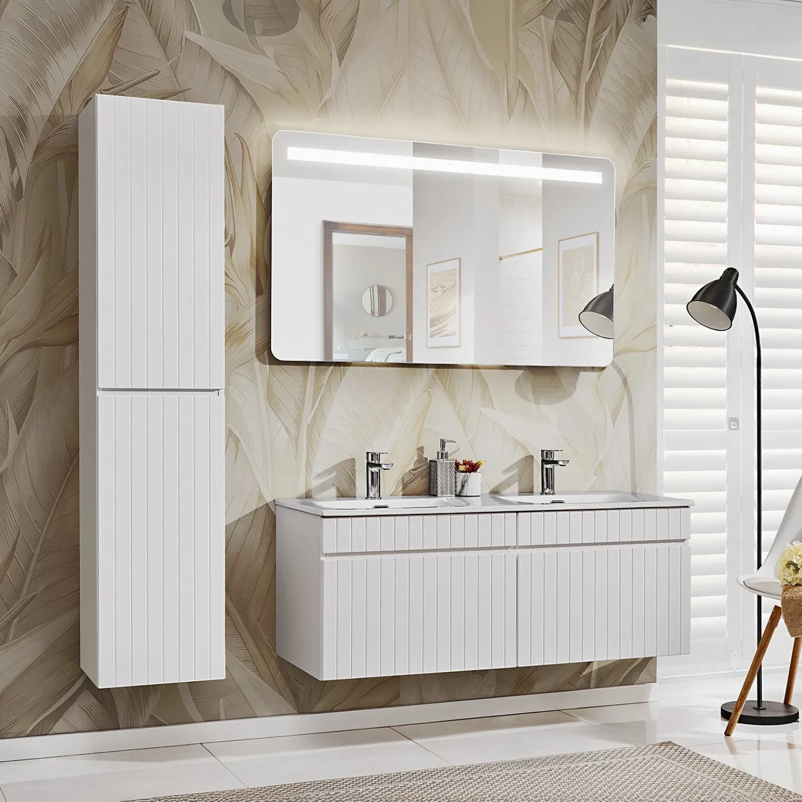 Garnero Arredamenti Mobile Bagno Sospeso-Mobile bagno sospeso 120cm cannettato con 2 lavabi 2 cassettoni bianco Autentic