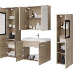 Garnero Arredamenti Mobile Bagno Sospeso-Mobile bagno sospeso 60cm con lavabo, specchio e 2 colonne chiaro Luz Rovere