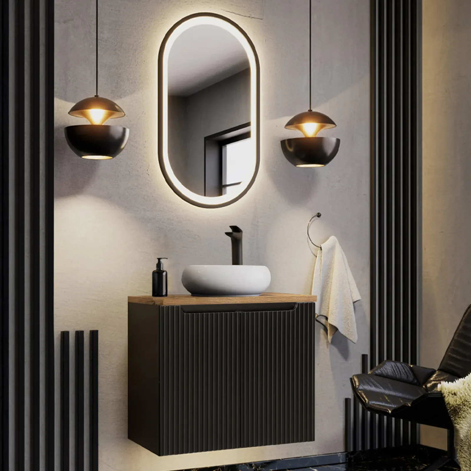 Garnero Arredamenti Mobile Bagno Sospeso-Mobile bagno sospeso 80cm cannettato 2 ante rovere Cleany Nero