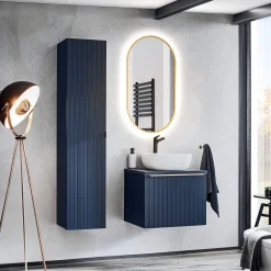 Garnero Arredamenti Mobile Bagno Sospeso-Mobile bagno sospeso 60cm con lavabo, specchio e colonna cannettato blu Deep