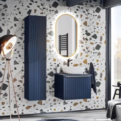 Garnero Arredamenti Mobile Bagno Sospeso-Mobile bagno sospeso 60cm con lavabo, specchio e colonna cannettato blu Deep