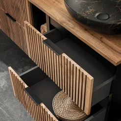 Garnero Arredamenti Mobile Bagno Sospeso-Mobile bagno sospeso 120cm cm con 2 lavabi da appoggio, 2 specchi, colonna e cubotti quercia antracite Limpid