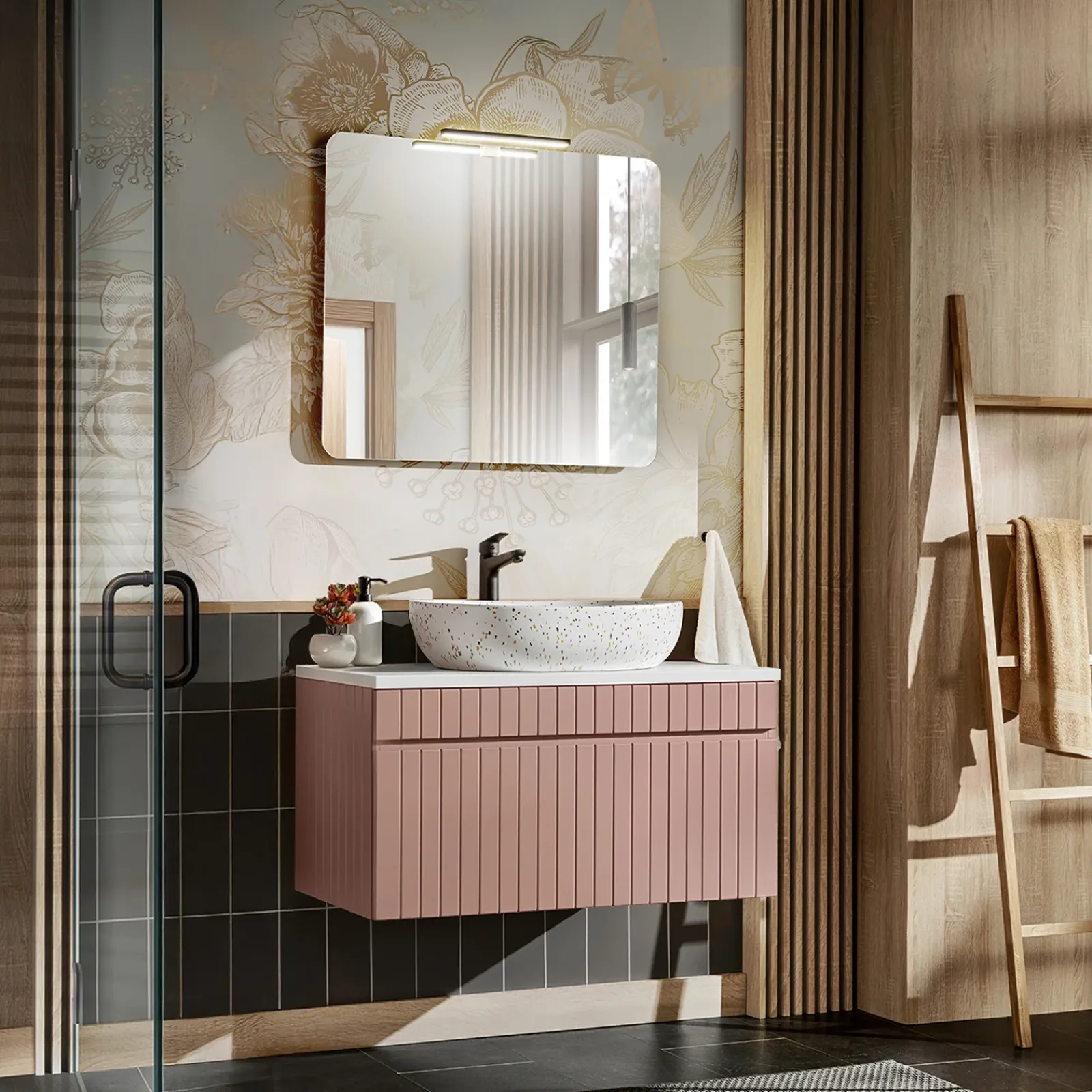 Garnero Arredamenti Mobile Bagno Sospeso-Mobile bagno sospeso 100cm cannettato 1 cassettone rosa Autentic