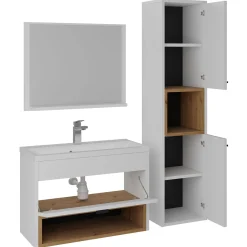 Garnero Arredamenti Mobile Bagno Sospeso-Mobile bagno sospeso 60cm con lavabo, specchio e colonna bianco rovere Florentina Bianco Opaco