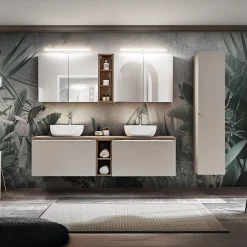 Garnero Arredamenti Mobile Bagno Sospeso-Mobile bagno sospeso 180cm con 2 lavabi, 2 mobili specchio e colonna grigio quercia Serif