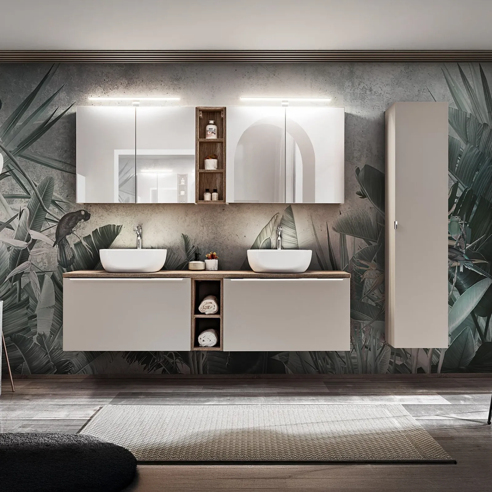 Garnero Arredamenti Mobile Bagno Sospeso-Mobile bagno sospeso 180cm con 2 lavabi, 2 mobili specchio e colonna grigio quercia Serif