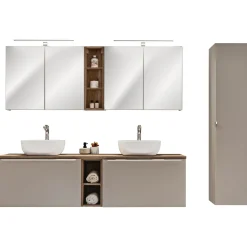 Garnero Arredamenti Mobile Bagno Sospeso-Mobile bagno sospeso 180cm con 2 lavabi, 2 mobili specchio e colonna grigio quercia Serif