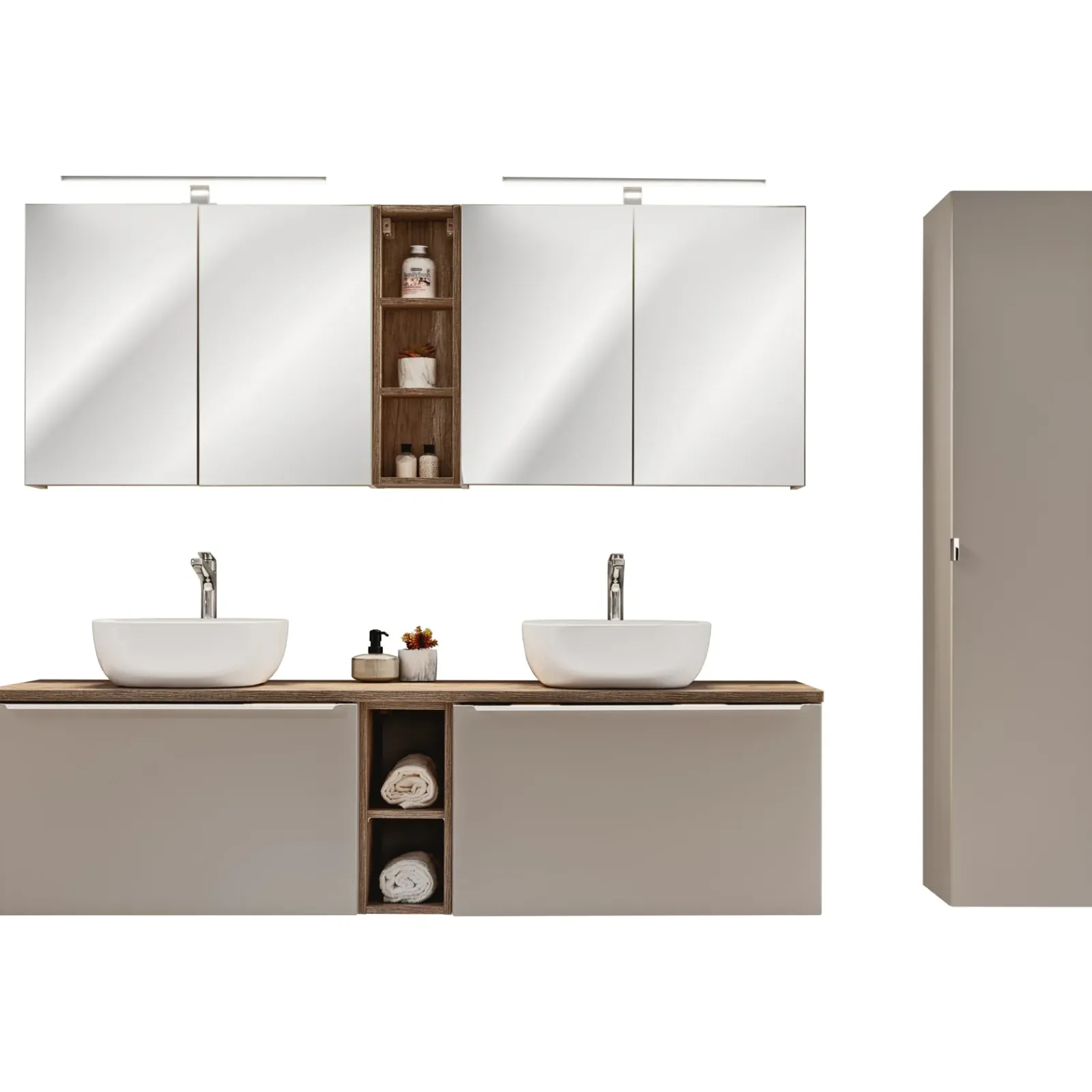 Garnero Arredamenti Mobile Bagno Sospeso-Mobile bagno sospeso 180cm con 2 lavabi, 2 mobili specchio e colonna grigio quercia Serif
