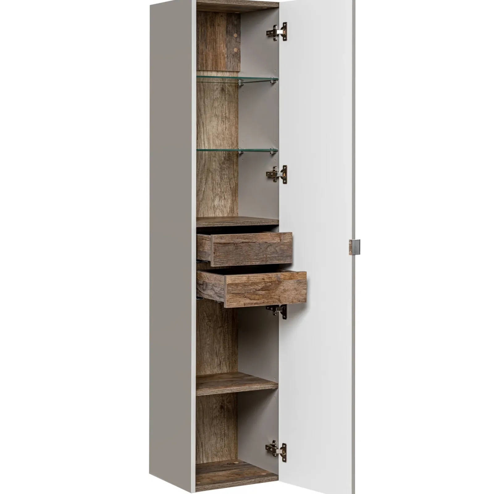Garnero Arredamenti Mobile Bagno Sospeso-Mobile bagno sospeso 180cm con 2 lavabi, 2 mobili specchio e colonna grigio quercia Serif