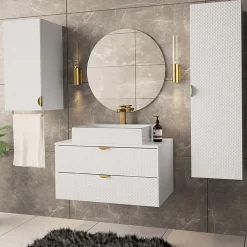 Garnero Arredamenti Mobile Bagno Sospeso-Mobile bagno sospeso 80cm con colonna e pensile bianco Hakone Bianco Lucido