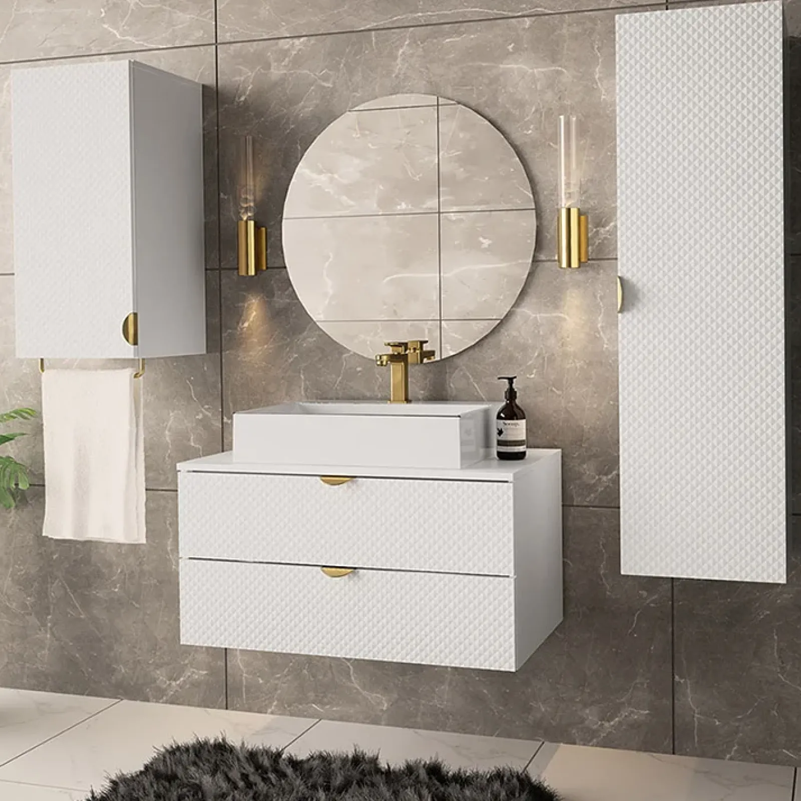 Garnero Arredamenti Mobile Bagno Sospeso-Mobile bagno sospeso 80cm con colonna e pensile bianco Hakone Bianco Lucido