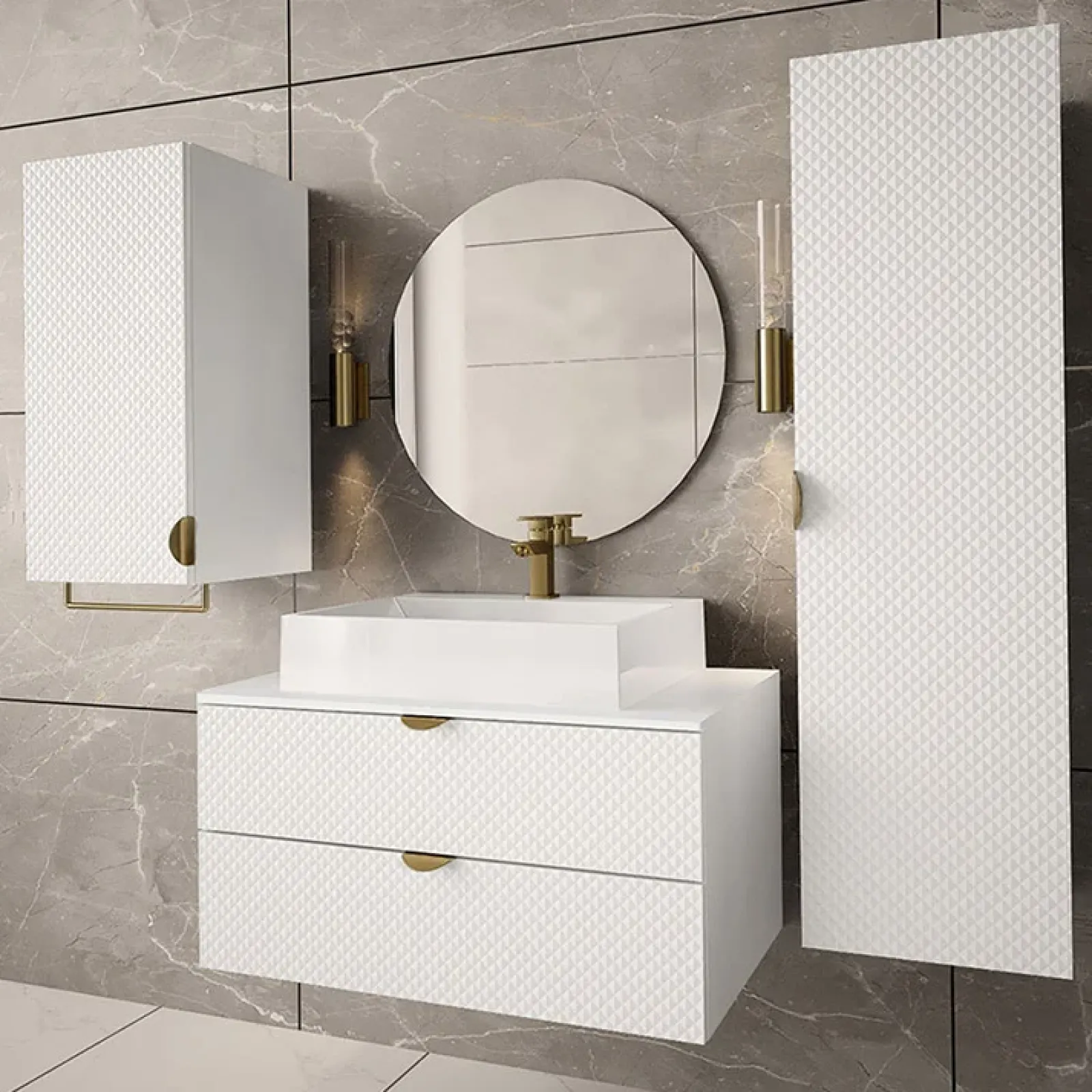 Garnero Arredamenti Mobile Bagno Sospeso-Mobile bagno sospeso 80cm con colonna e pensile bianco Hakone Bianco Lucido