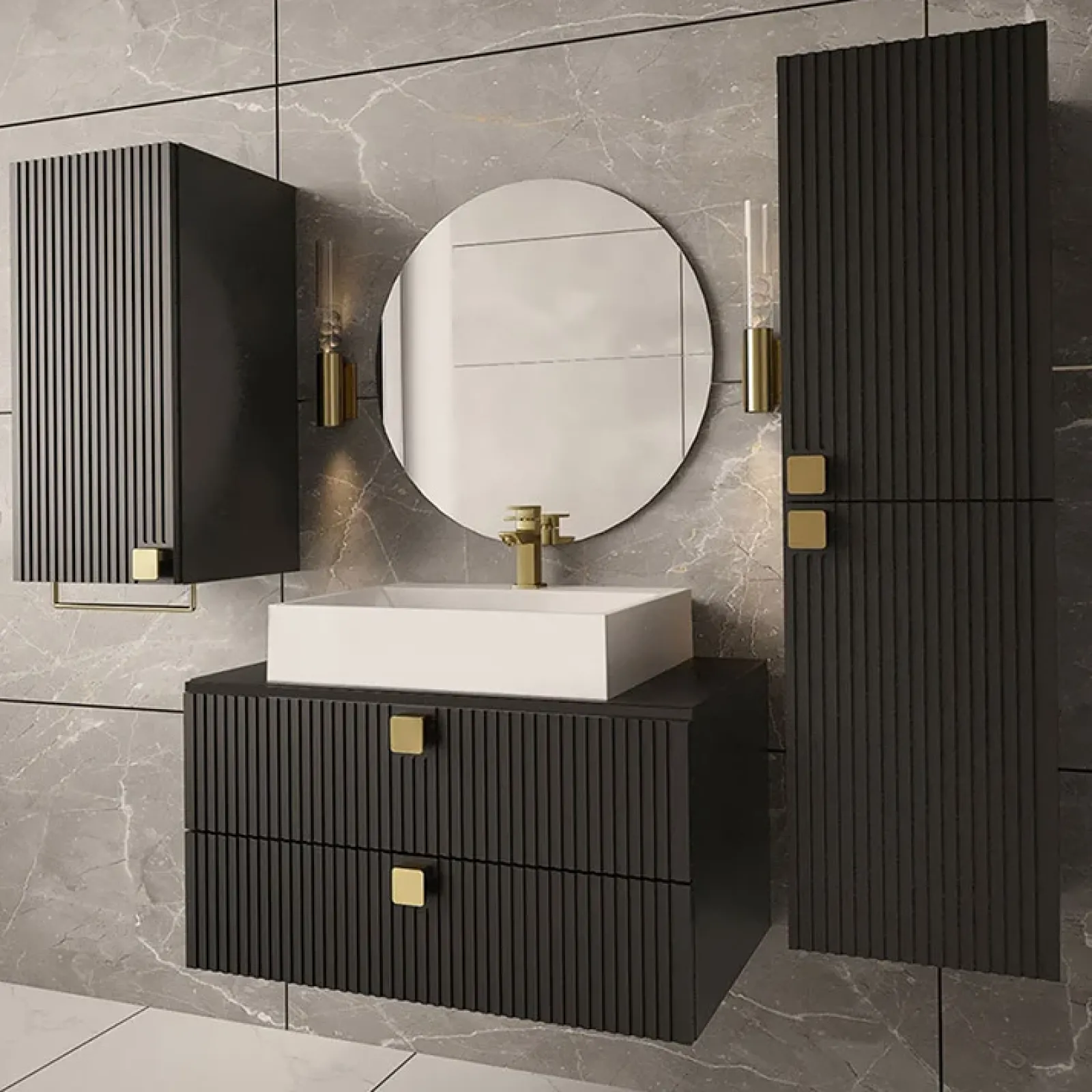 Garnero Arredamenti Mobile Bagno Sospeso-Mobile bagno sospeso 80cm con colonna e pensile maniglie oro nero Bursa Nero Lucido - Oro