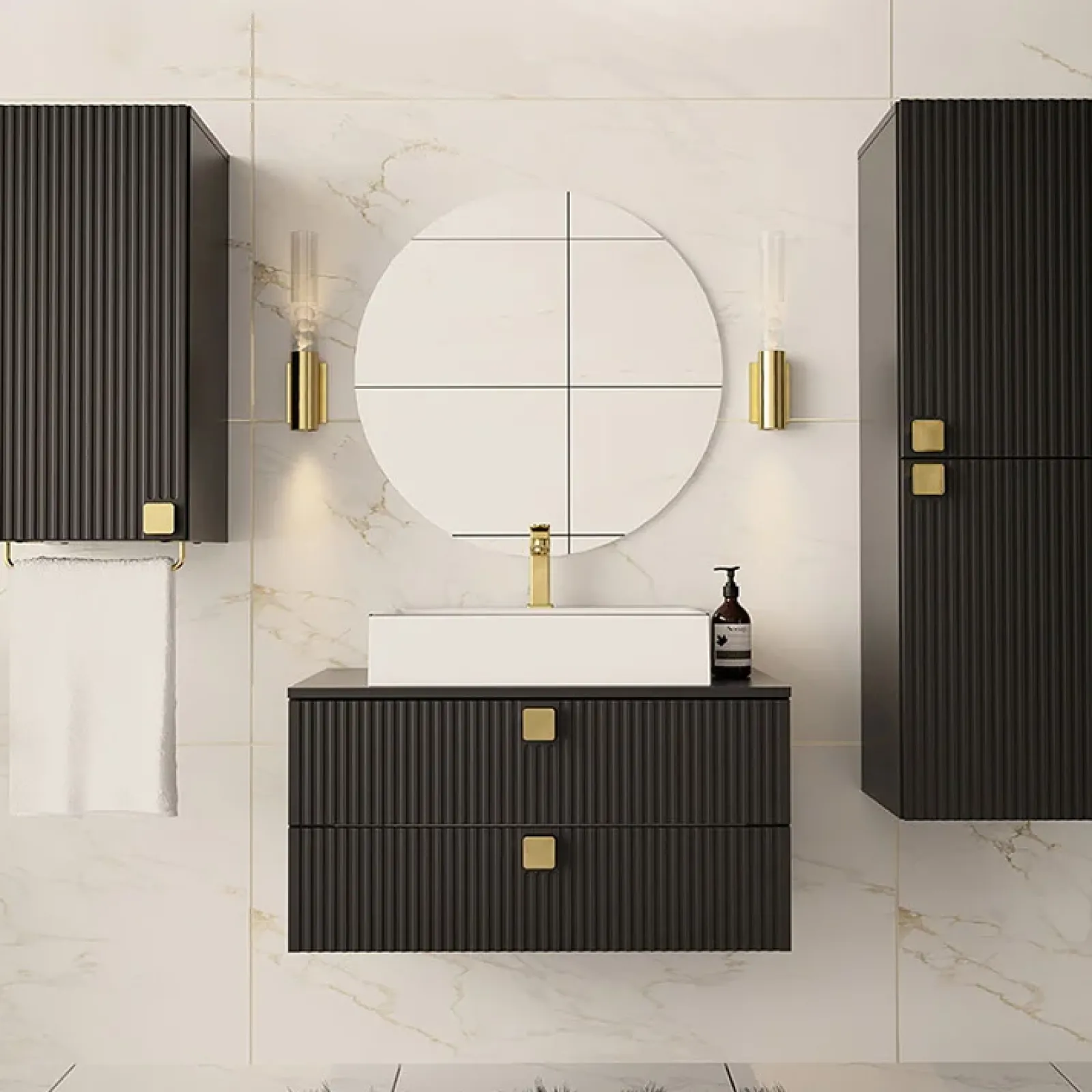 Garnero Arredamenti Mobile Bagno Sospeso-Mobile bagno sospeso 80cm con colonna e pensile maniglie oro nero Bursa Nero Lucido - Oro