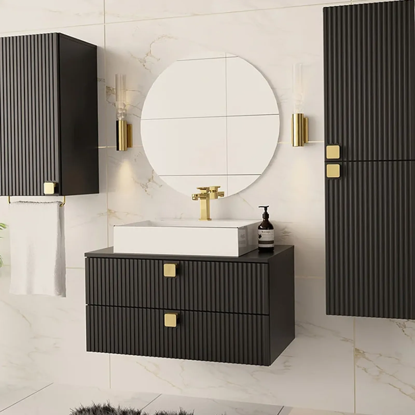 Garnero Arredamenti Mobile Bagno Sospeso-Mobile bagno sospeso 80cm con colonna e pensile maniglie oro nero Bursa Nero Lucido - Oro