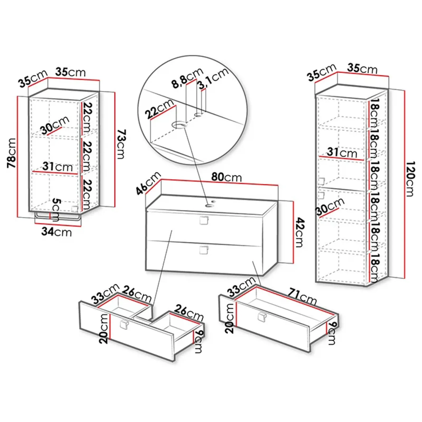 Garnero Arredamenti Mobile Bagno Sospeso-Mobile bagno sospeso 80cm con colonna e pensile maniglie oro nero Bursa Nero Lucido - Oro