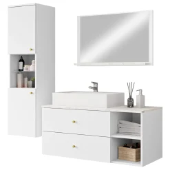 Garnero Arredamenti Mobile Bagno Sospeso-Mobile bagno sospeso 100cm con lavabo, specchio e colonna bianco Krom Bianco Opaco