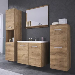 Garnero Arredamenti Mobile Bagno Sospeso-Mobile bagno sospeso 60cm con lavabo, specchio e 2 colonne Saturnia Rovere