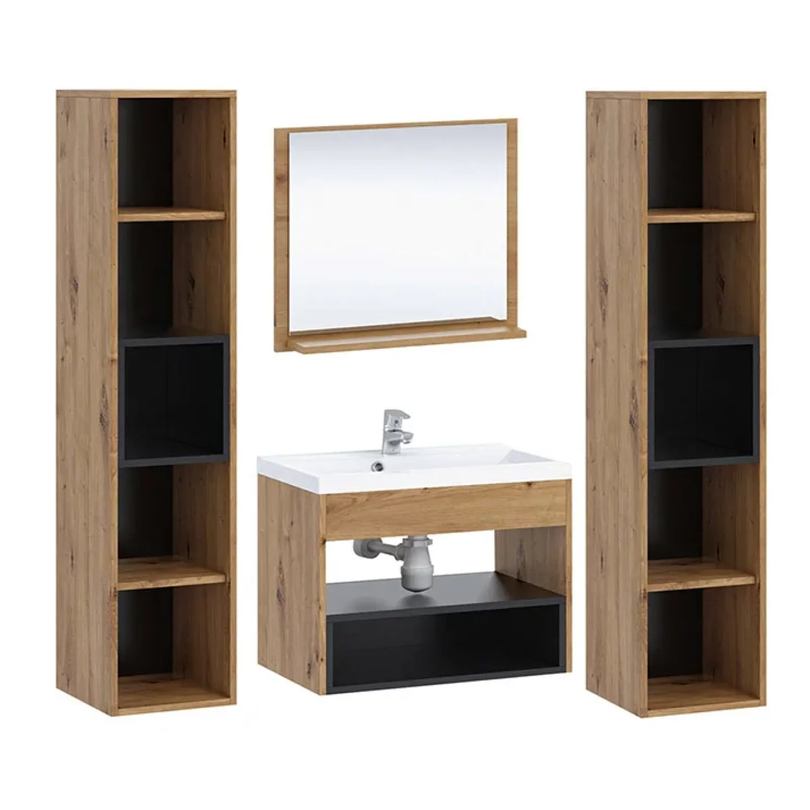 Garnero Arredamenti Mobile Bagno Sospeso-Mobile bagno sospeso 60cm con lavabo, specchio e colonne nero Florentina Rovere