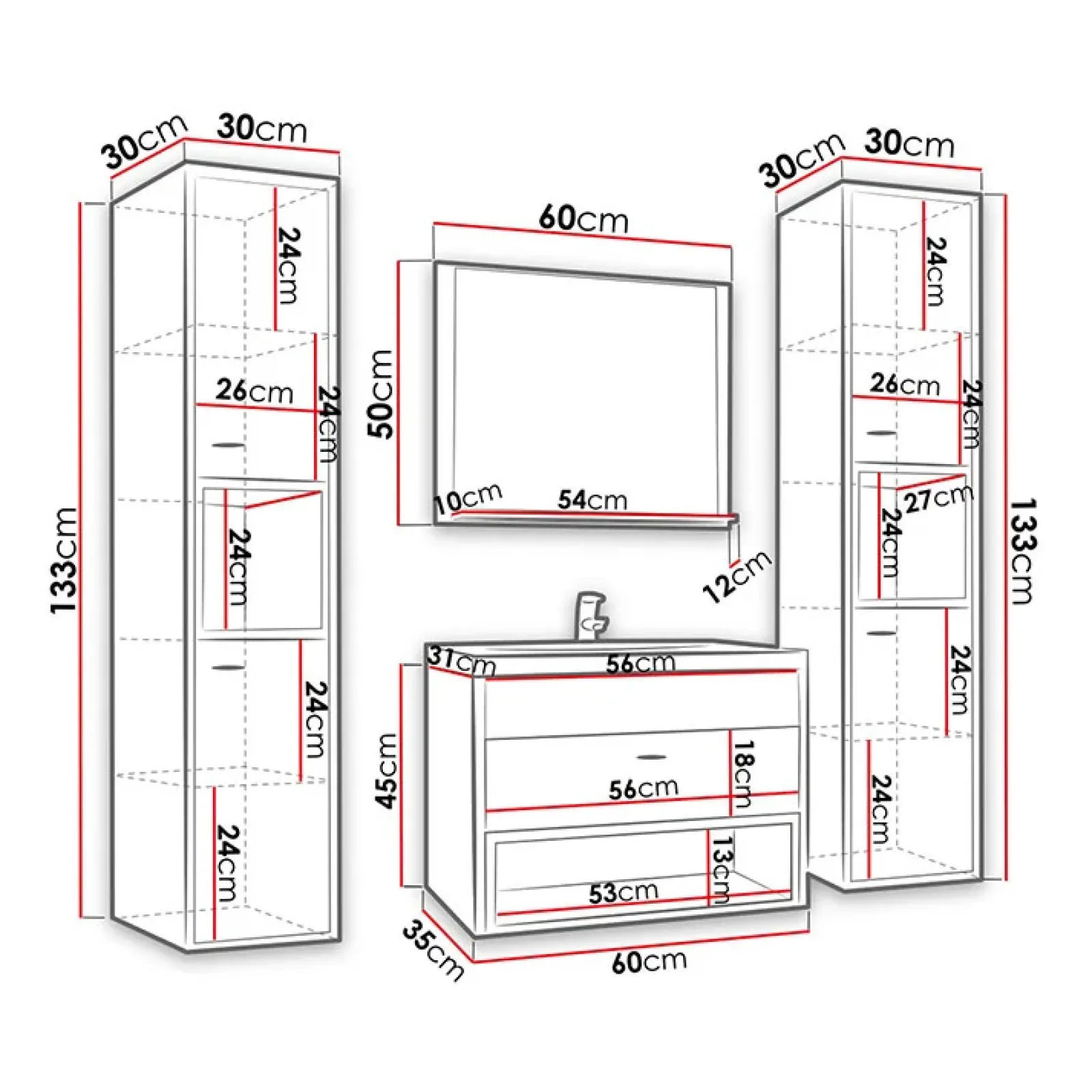 Garnero Arredamenti Mobile Bagno Sospeso-Mobile bagno sospeso 60cm con lavabo, specchio e colonne nero Florentina Rovere