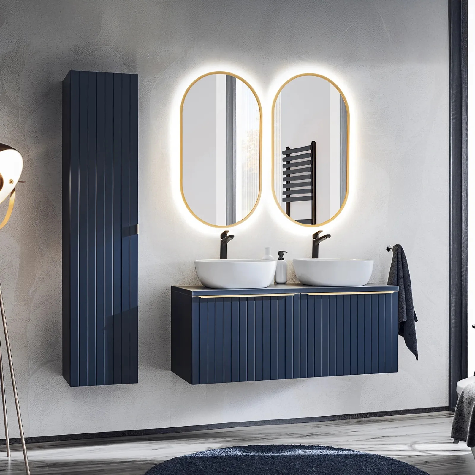 Garnero Arredamenti Mobile Bagno Sospeso-Mobile bagno sospeso 120cm con 2 lavabi, 2 specchi e colonna cannettato blu Deep