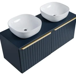 Garnero Arredamenti Mobile Bagno Sospeso-Mobile bagno sospeso 120cm con 2 lavabi, 2 specchi e colonna cannettato blu Deep