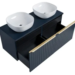 Garnero Arredamenti Mobile Bagno Sospeso-Mobile bagno sospeso 120cm con 2 lavabi, 2 specchi e colonna cannettato blu Deep