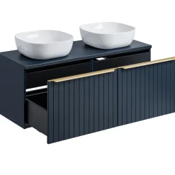 Garnero Arredamenti Mobile Bagno Sospeso-Mobile bagno sospeso 120cm con 2 lavabi, 2 specchi e colonna cannettato blu Deep