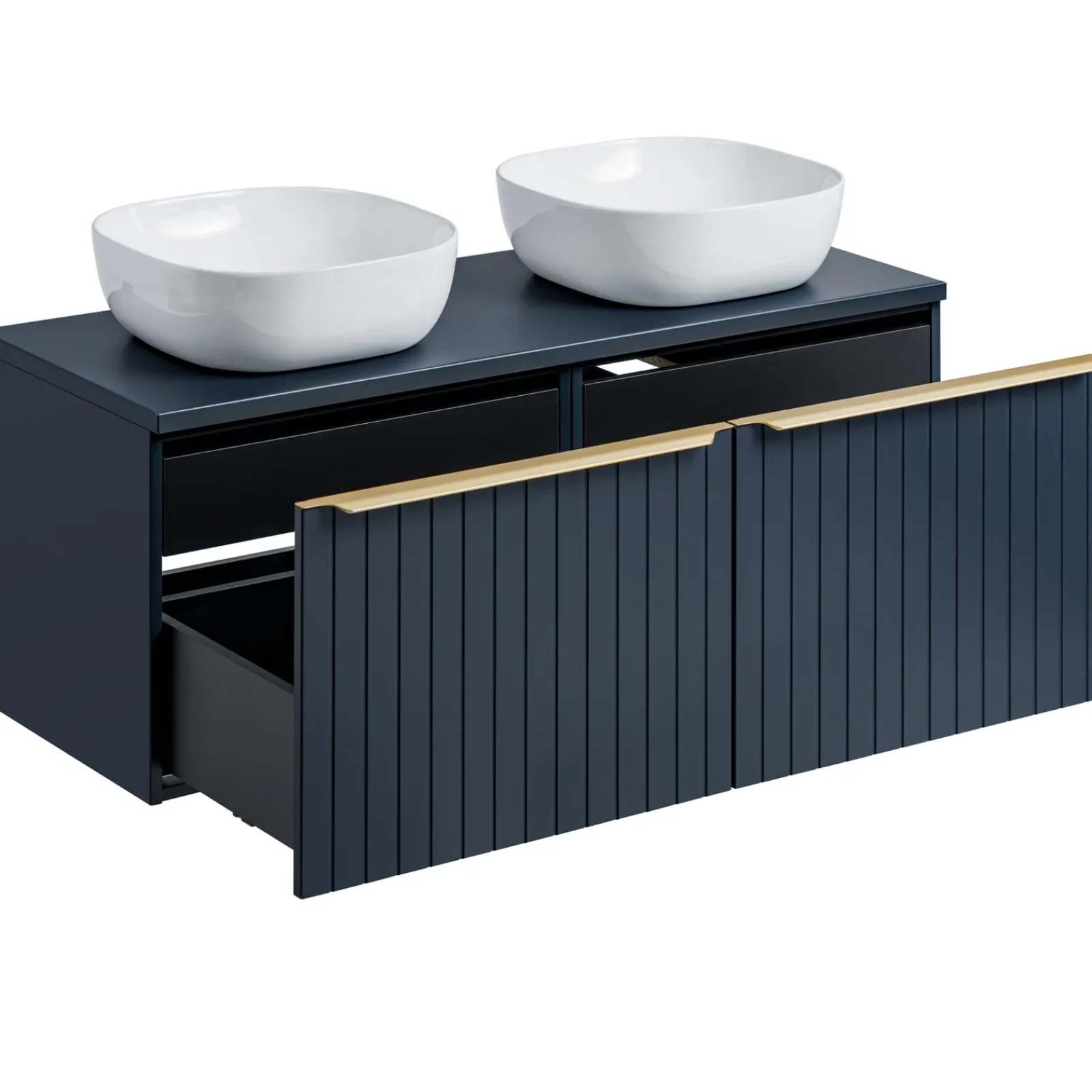 Garnero Arredamenti Mobile Bagno Sospeso-Mobile bagno sospeso 120cm con 2 lavabi, 2 specchi e colonna cannettato blu Deep