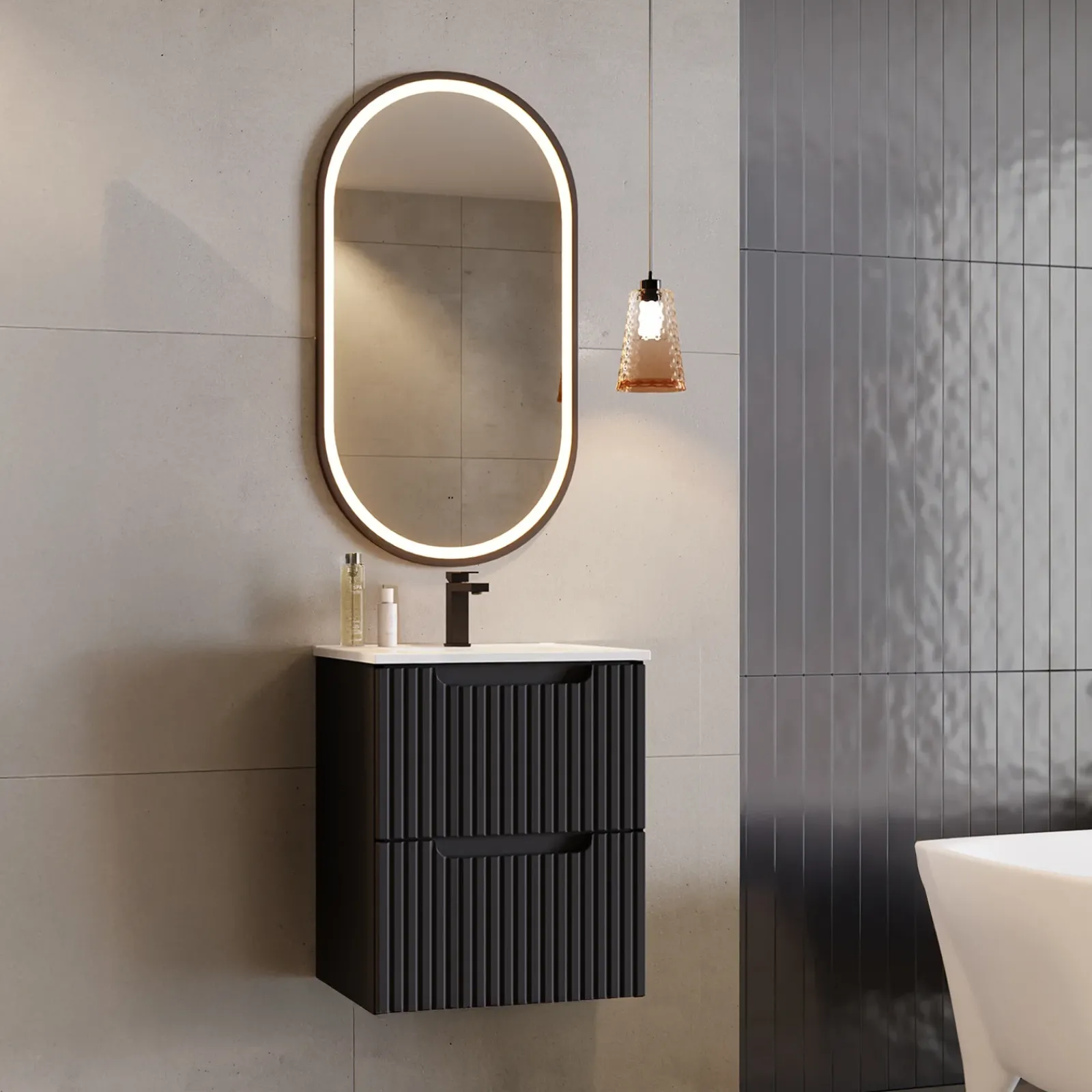 Garnero Arredamenti Mobile Bagno Sospeso-Mobile bagno sospeso 50cm cannettato con lavabo 2 cassetti Cleany Nero