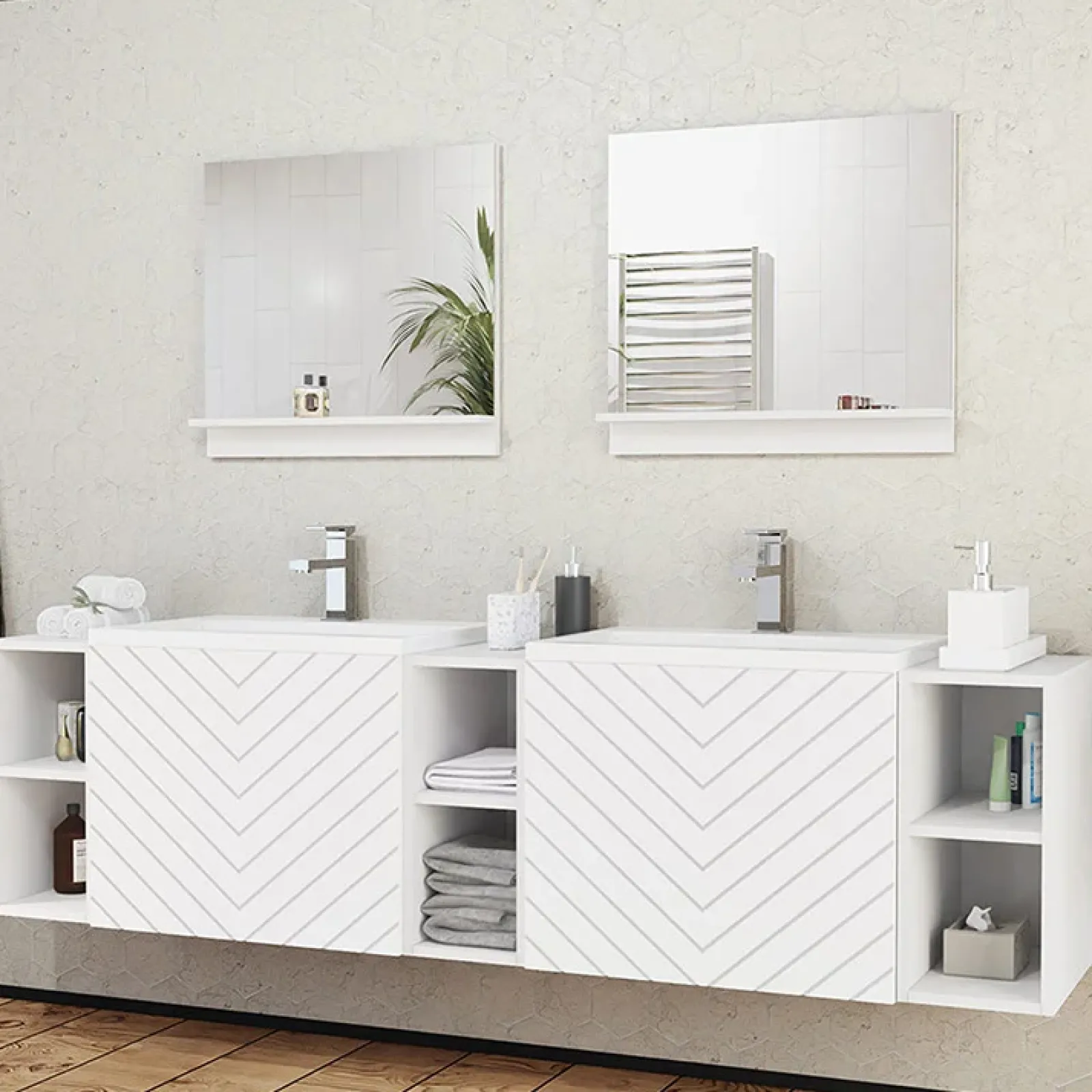 Garnero Arredamenti Mobile Bagno Sospeso-Mobile bagno sospeso 190cm con doppio lavabo e specchi serigrafato bianco Baden 4 Bianco Lucido