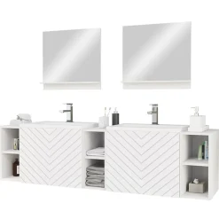 Garnero Arredamenti Mobile Bagno Sospeso-Mobile bagno sospeso 190cm con doppio lavabo e specchi serigrafato bianco Baden 4 Bianco Lucido